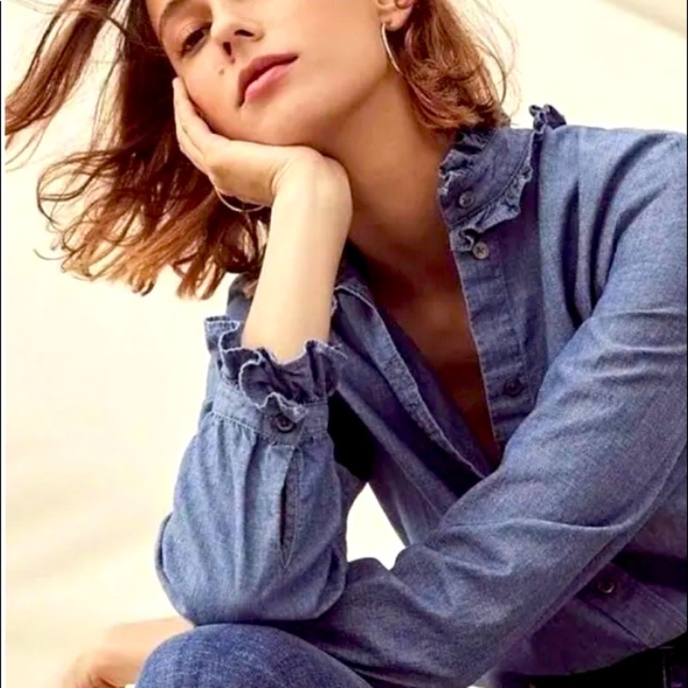 J. Crew Classic-fit Ruffleneck Chambray Shirt Size 6